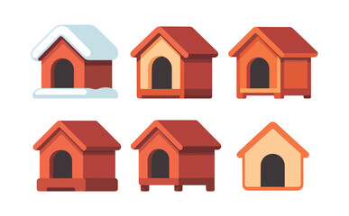 Fototapeta premium Dog house collection, snow roof, kennels, flat vector illustration