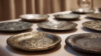 Decorative metallic plates with intricate designs arranged on a table, showcasing craftsmanship and artistry, perfect for cultural dining experiences and aesthetic home decor