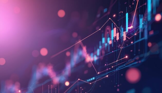 Digital trading graph shows upward trend with bright neon lights and bokeh effects. Abstract financial data analysis with futuristic design and glow. Successful market forecast.