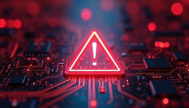 Digital circuit board glows red with a warning triangle. Critical error alert flashes, showing tech system failure or data outage. Cyber security threat detected on network hardware.