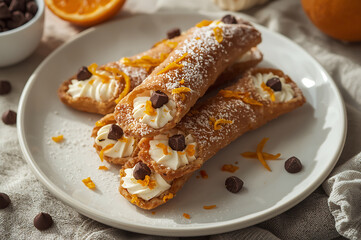 Traditional Sicilian Cannoli with Ricotta Cream on White Plate