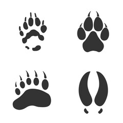 Footprints of Animal, Traces of  Wolverine, Bear, Wilf, Elk on white background.  Silhouette animal tracks in gray. Paw Print for your design. Vector illustration. EPS10.