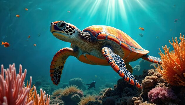 Sea turtle swims near colorful coral reef and small fish. Sunlight beams through blue ocean water. Underwater scene with marine reptile and aquatic life.