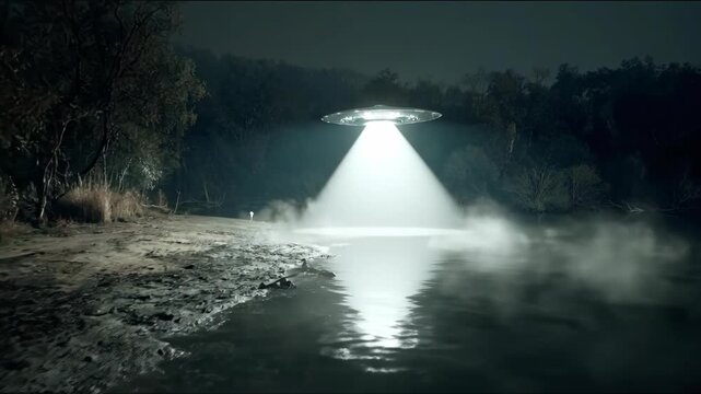 Alien spaceship with bright light beam hovering over a misty lake at night. Unidentified flying object mystery with light ray.