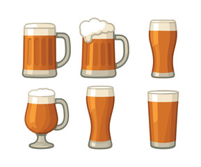 Different beer glass styles, flat vector illustration with mugs and pints