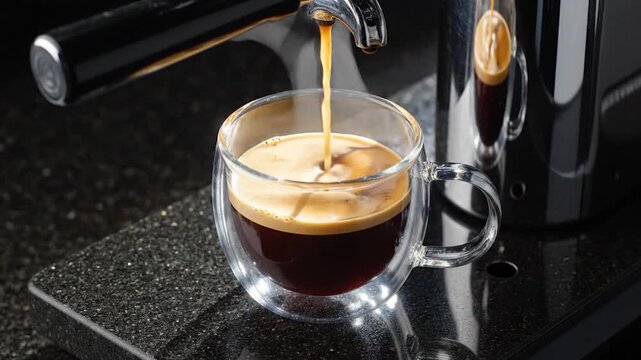 Fresh Espresso Coffee Pouring into Glass Cup from Machine.