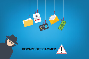 Hacker, scammer committing digital cybercrime. Vector illustration	