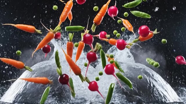 Fresh Vegetables Splashing into Water Dynamic Food Photography.