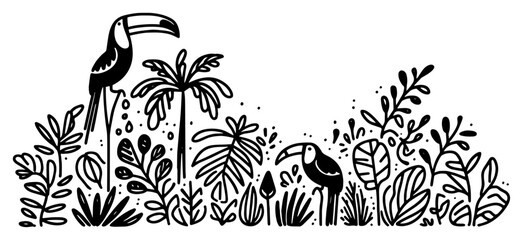 Fototapeta premium Tropical jungle border vector illustration. Toucan birds sitting on palm leaves and exotic plants. Summer nature sketch.