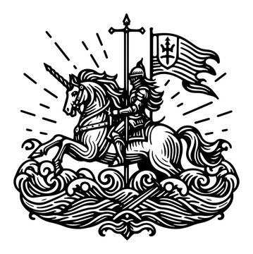 Knight riding a unicorn vector illustration. Heraldic warrior in armor holding a flag on waves. Vintage woodcut style emblem or coat of arms.