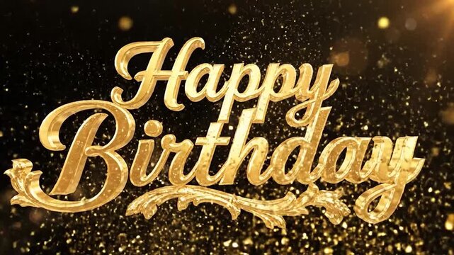 Golden Happy Birthday Text with Glitter Particles on Dark Background.