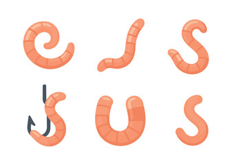 Fototapeta premium Worm collection, fishing bait and hook, flat vector illustration