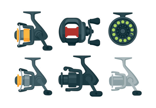 Fishing reel collection, flat vector illustration, baitcasting, spinning, fly reels