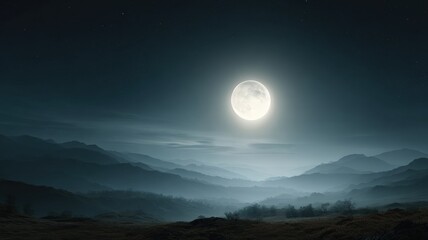 breathtaking cinematic wide shot, ultra-realistic full moon glowing brightly in a dark night sky, subtle starlight, tranquil serene landscape below, soft ethereal light