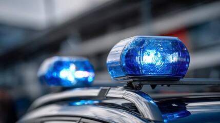 Emergency Response: Focused on two blue flashing lights atop a vehicle, a symbol of urgency and support, indicating a scene of crisis and immediate need.