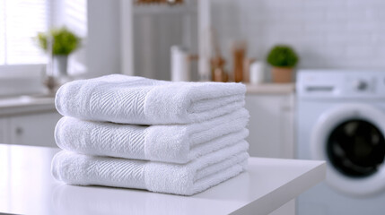 Stacked white towels on a clean countertop in a bright laundry room, with washing machine and soft natural light creating a fresh and inviting atmosphere