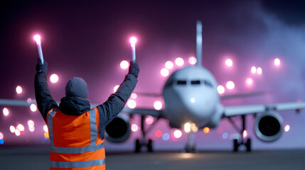 Airport ground crew member in reflective vest signaling airplane with wands at night, illuminated by bright lights, ensuring safe landing and departure in a busy aviation environment
