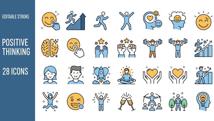 A vibrant collection of editable line icons illustrating mental wellness, personal growth, achievement, and emotional balance concepts for digital design and healthy lifestyle promotions