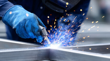 Skilled welder using a welding torch to join metal pieces, creating bright sparks and showcasing craftsmanship in a workshop environment with industrial tools and materials