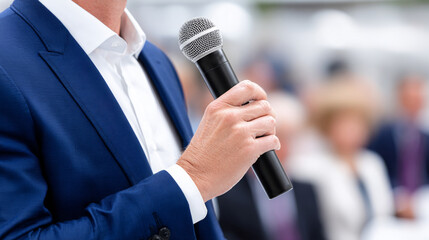 Businessman in a blue suit holding a microphone, preparing to speak at a corporate event, with blurred audience in the background, conveying professionalism and engagement