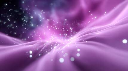 Abstract digital illustration featuring flowing purple waves with sparkling particles, creating a dreamy and ethereal atmosphere, perfect for backgrounds and design projects