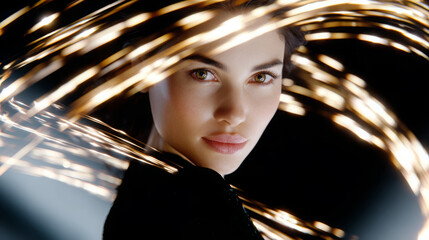Young woman with captivating expression, illuminated by swirling light trails, showcasing a blend of beauty and artistry in a dynamic, visually striking portrait