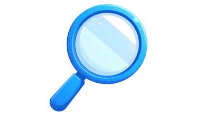 Cartoonish, blue magnifying glass, transparent lens, on a black background