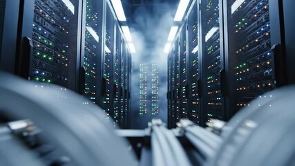 Smooth camera movement through a dark server room corridor with blinking LED lights. Concept of cloud computing, big data storage, cyber security, and global internet infrastructure.
- Powered by Adobe