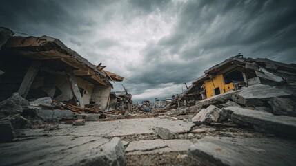 Earthquake aftermath displaying crumbled urban landscape and stormy sky