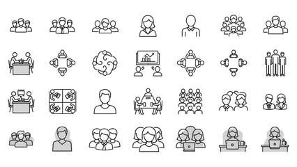 Collection of Flat Icons Representing Business Meetings, Teamwork, and Collaboration Scenarios