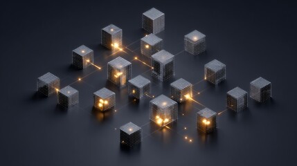 Network of cubes interconnected by glowing lines on a dark plane