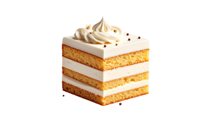 Square cake slice with layered vanilla sponge and cream frosting. Sprinkles atop