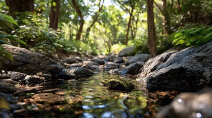 Calm Stream Flowing Through Forest Rocks Surrounded by Lush Vegetation