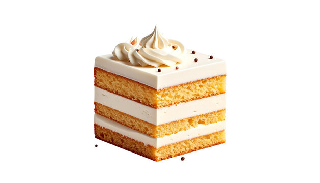Square cake slice with layered vanilla sponge and cream frosting. Sprinkles atop