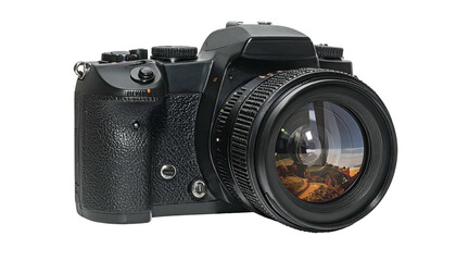 Fototapeta premium A black, digital, single-lens reflex camera is displayed from a side angle, lens prominent