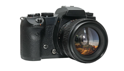 A black, digital, single-lens reflex camera is displayed from a side angle, lens prominent