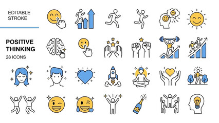 Sleek vector icons illustrating positive thinking, personal growth, success, and well-being concepts for modern design and motivational content