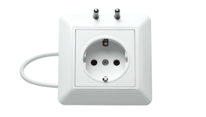 A white wall outlet with two prongs and a curved cord, isolated on black