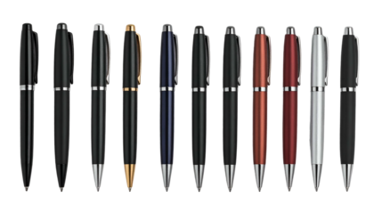 Eleven sleek, metallic pens with various colors and accents against a black background