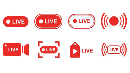 Collection of modern vector live stream icons for online broadcasting. Red graphic elements and buttons indicating real-time video content