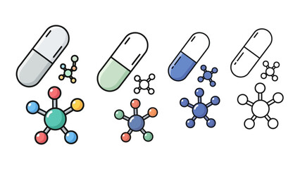 Set of colorful molecular structure icons including pills and capsules, representing science and medicine