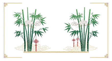 Bamboo plants with white flowers and red lanterns on a white background.