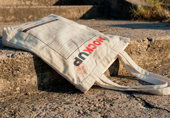Fabric Tote Bad on Concrete Stair Sunlight Mockup