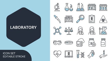 Collection of sleek solid vector line icons representing scientific laboratory tools, research experiments, and medical innovation, ideal for modern tech and healthcare projects
