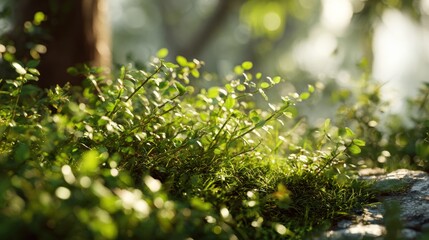 Enchanting glimpse of vibrant green ground cover illuminated by sunlight