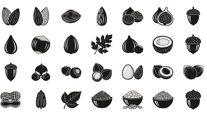 Elegant Assortment of Solid Black and White Vector Icons Depicting Natural Nuts, Seeds, and Dried Fruits, Ideal for Healthy Lifestyle and Food-Related Design Resources © charli
