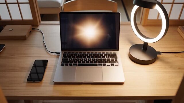 Laptop and Ring Light on Wooden Desk - Modern Workspace Setup.