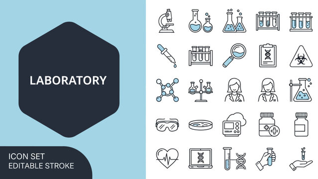 Collection of sleek solid vector line icons representing scientific laboratory tools, research experiments, and medical innovation, ideal for modern tech and healthcare projects