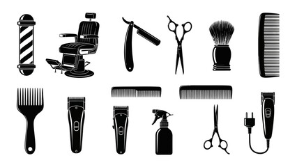 Sleek solid black silhouettes of essential barber shop tools and hair grooming equipment, ideal for professional salon branding and design projects