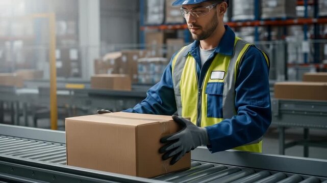 Worker checking cardboard box on conveyor belt in distribution center. Logistics and supply chain automation concept.